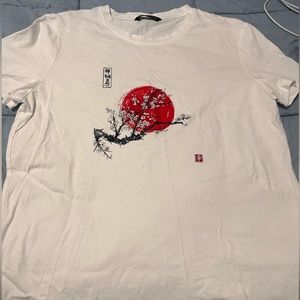 White cherry blossom with a red sun with Japanese words t-shirt